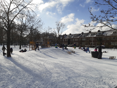 901389 Afbeelding van spelende kinderen op het besneeuwde 'Lubroveldje', vanaf de Prof. Sjollemalaan te Utrecht.